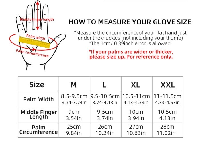 Glove size chart showing how to measure palm width, palm circumference, and middle finger length, with sizing guidelines for M, L, XL, and XXL.