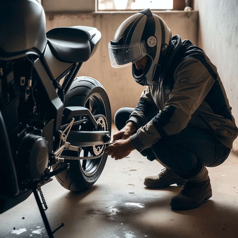 
Rider crouching on garage floor struggling to clean motorcycle chain without a lift stand