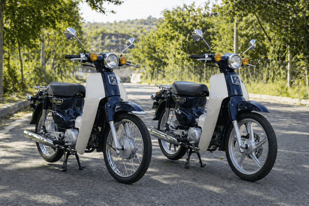 Two Honda Super Cubs parked side by side on a tree-lined road showing spoke wheel and cast wheel comparison