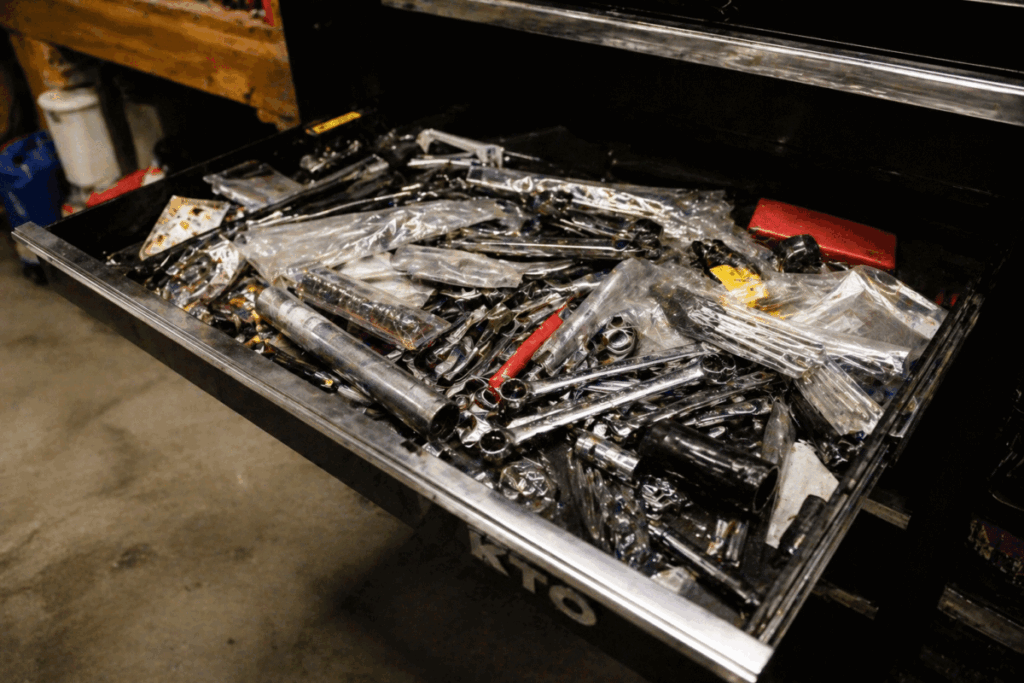 Cluttered tool drawer filled with disorganized wrenches and sockets — example of buying the wrong motorcycle tools