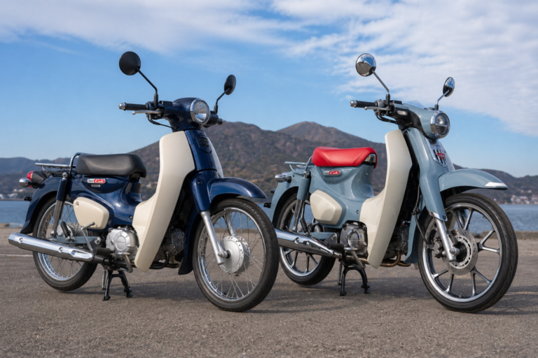 Honda Super Cub 110 and C125 parked side by side showing exterior design comparison Title: honda-super-cub-110-vs-c125-comparison