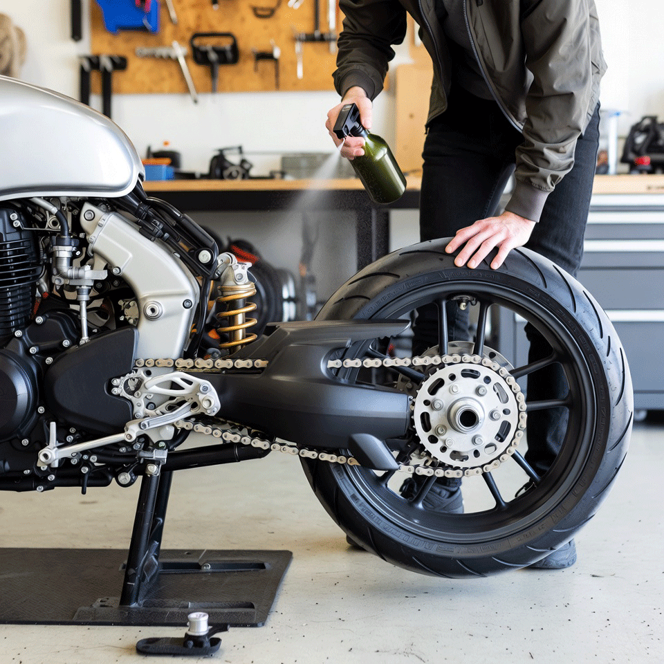 Rider standing comfortably applying chain lube to motorcycle elevated on lift stand in garage
