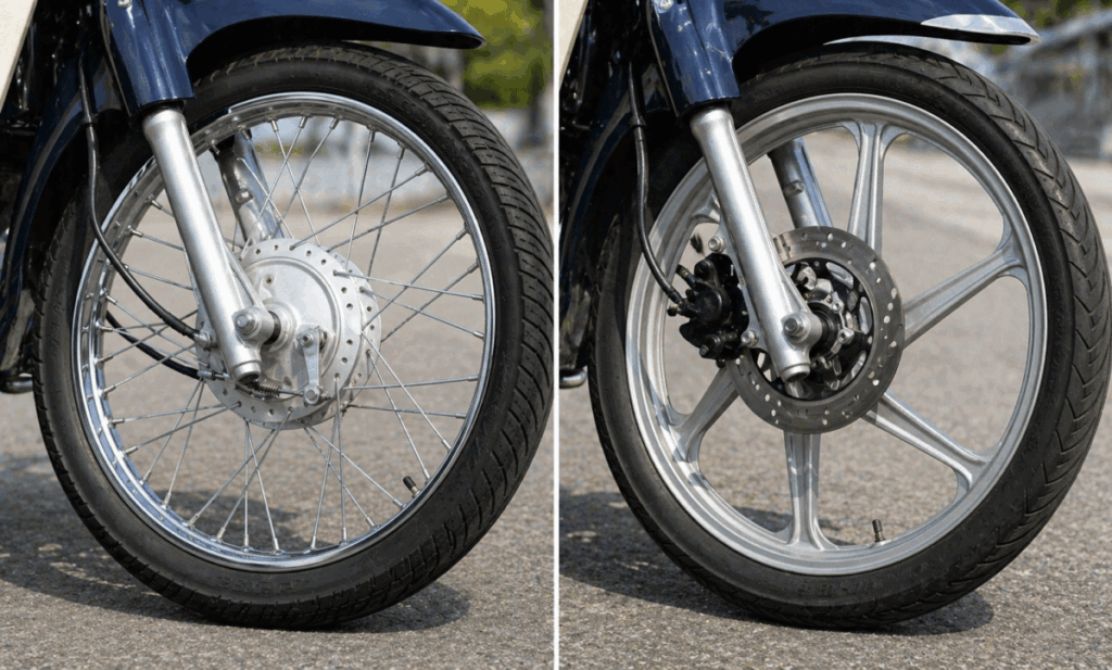 Close-up comparison of Super Cub spoke wheel and cast wheel structure side by side