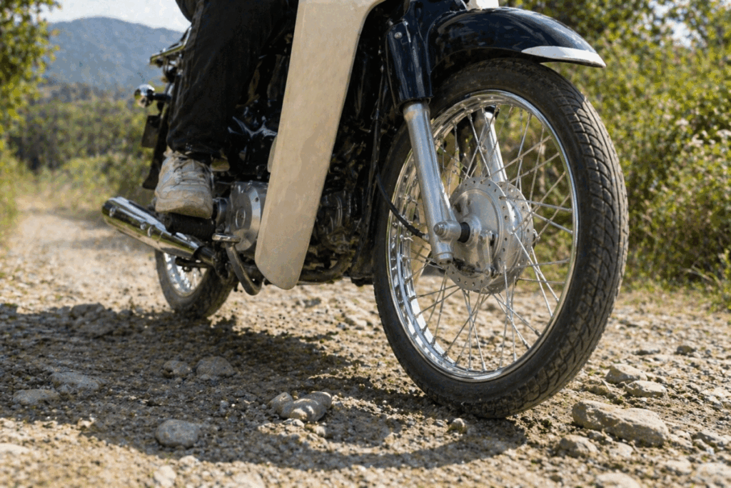 Honda Super Cub with spoke wheels riding on gravel dirt road showing off-road capability