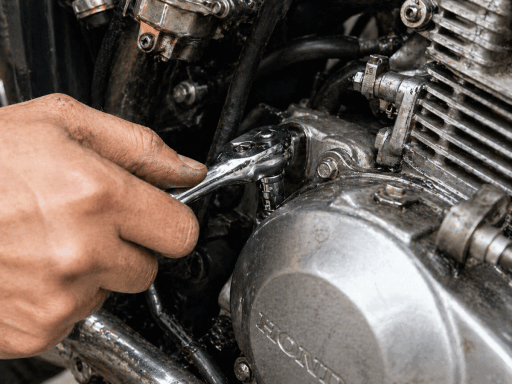 Using a ratchet wrench in tight Honda engine compartment during motorcycle maintenance