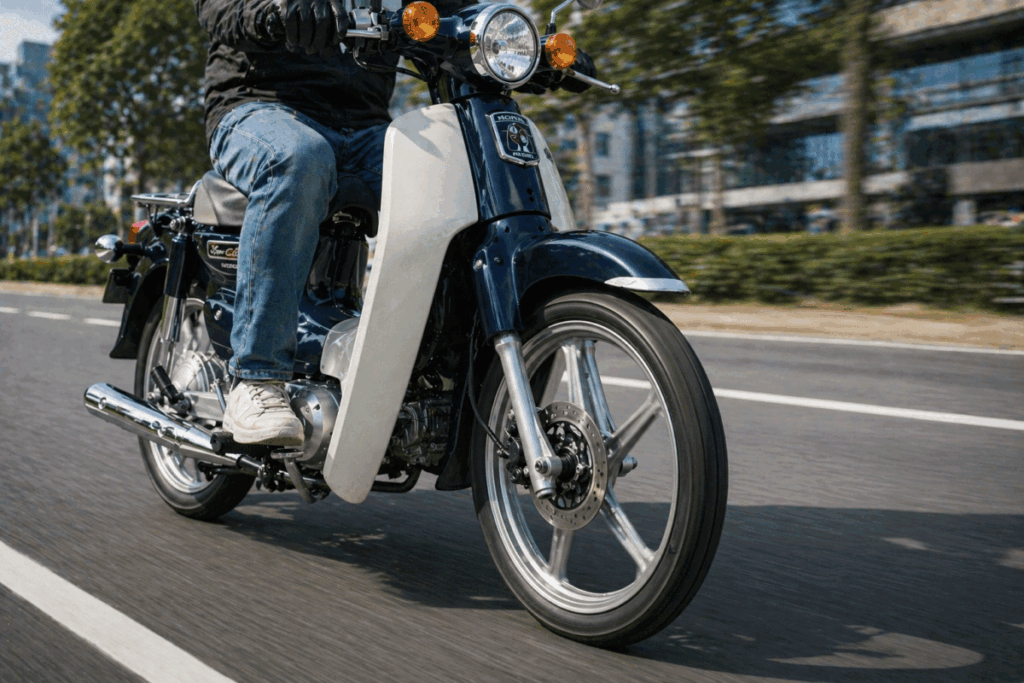
Honda Super Cub with cast wheels riding on urban paved road showing smooth highway performance