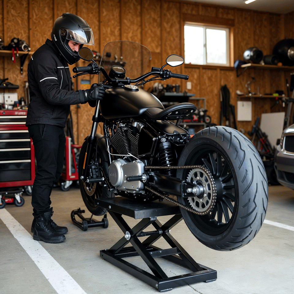 ider inspecting rear tire of motorcycle elevated on lift stand in home garage
