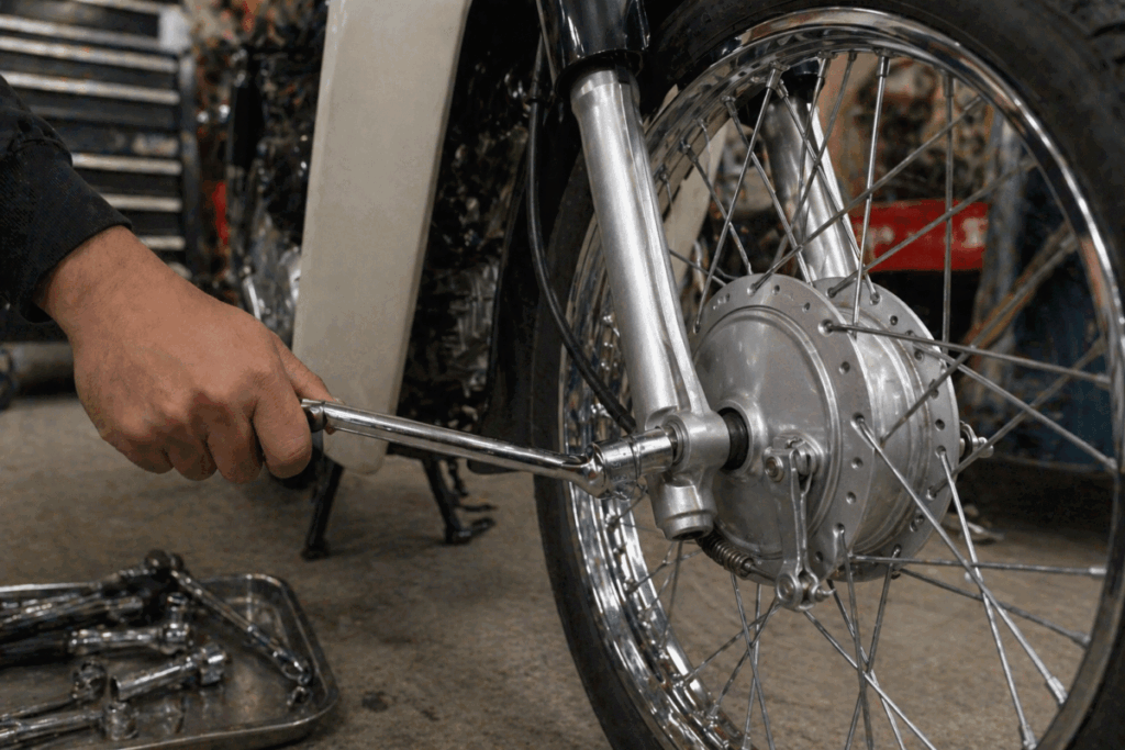 Mechanic removing Super Cub spoke wheel axle nut with 17mm socket wrench in garage