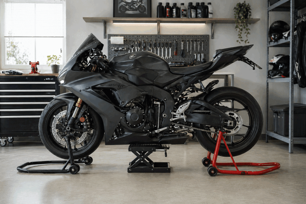 
Clean organized home garage with motorcycle secured on lift stand ready for maintenance
