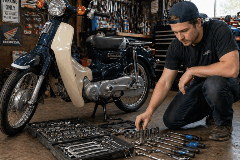 Rider selecting super cub tools from a socket set laid out in garage next to Honda Super Cub