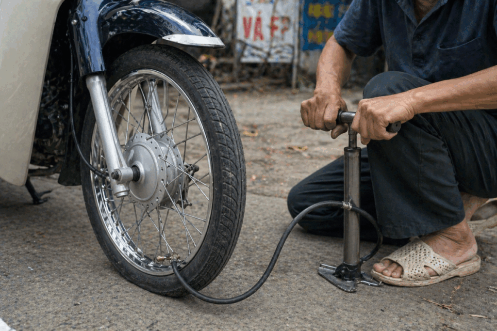 Rider using manual pump to inflate Super Cub spoke wheel tube tire after roadside flat repair
