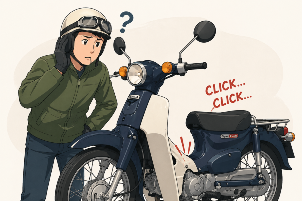 Super Cub clicking noise rider checking engine sound illustration