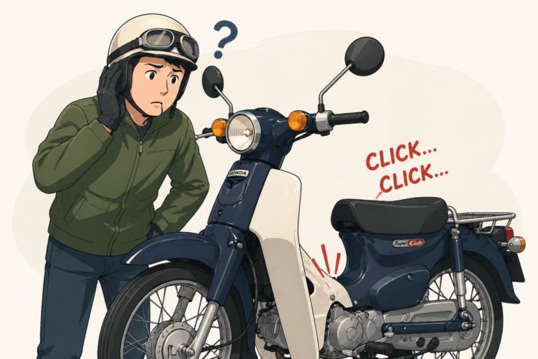 rider inspecting Super Cub clicking noise near engine area illustration