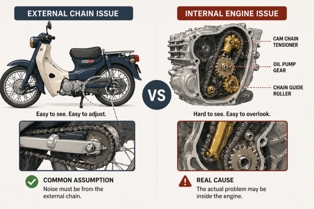 Super Cub clicking noise real cause internal engine vs chain diagram illustration