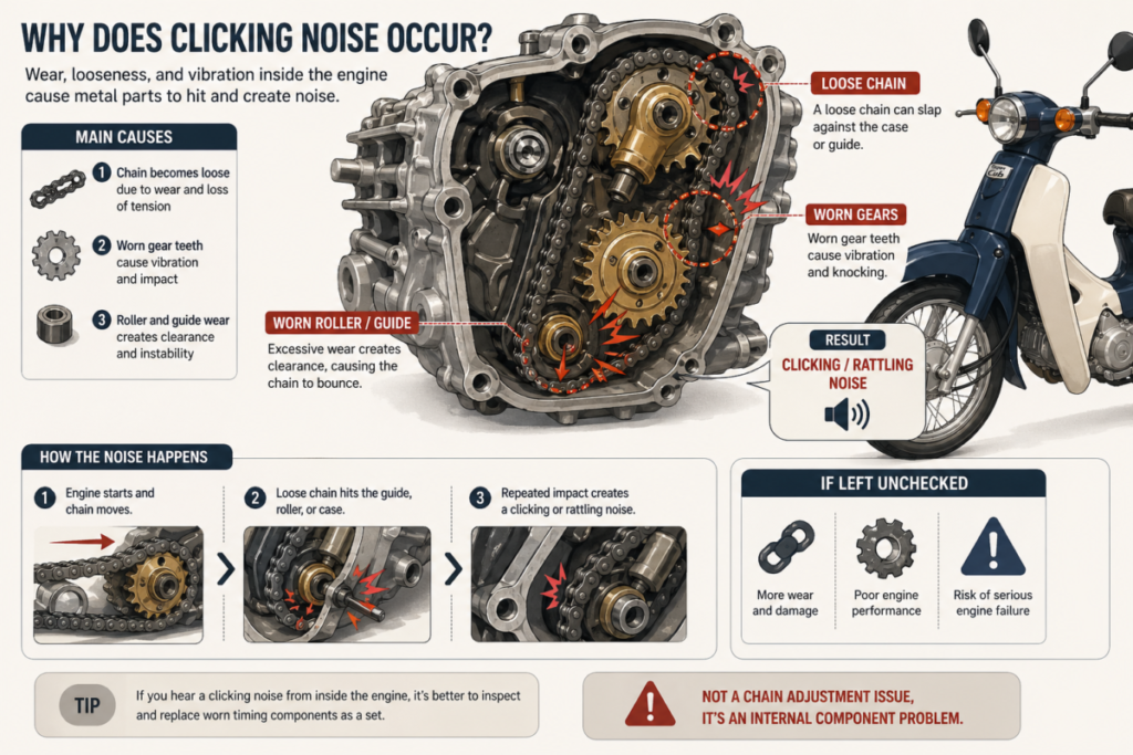 Super Cub clicking noise internal engine cause chain vibration worn gear illustration