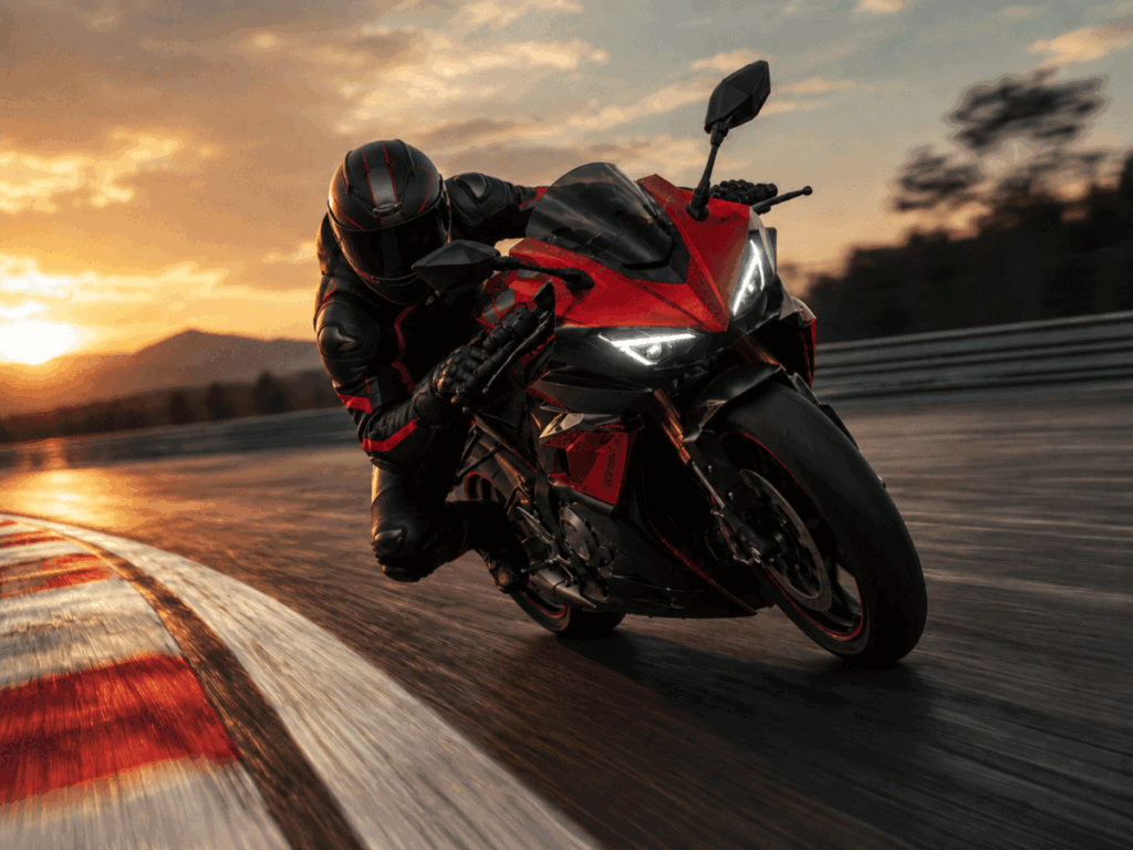 QJ Motor sportbike cornering on a race track