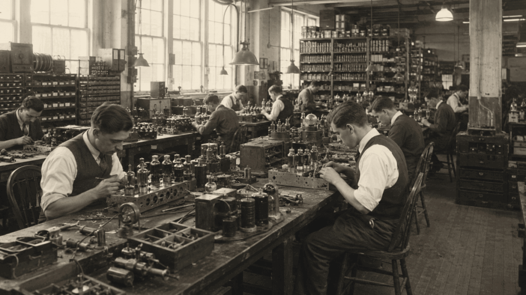 Vintage Italian electronics factory representing Ducati origins as a radio components company
