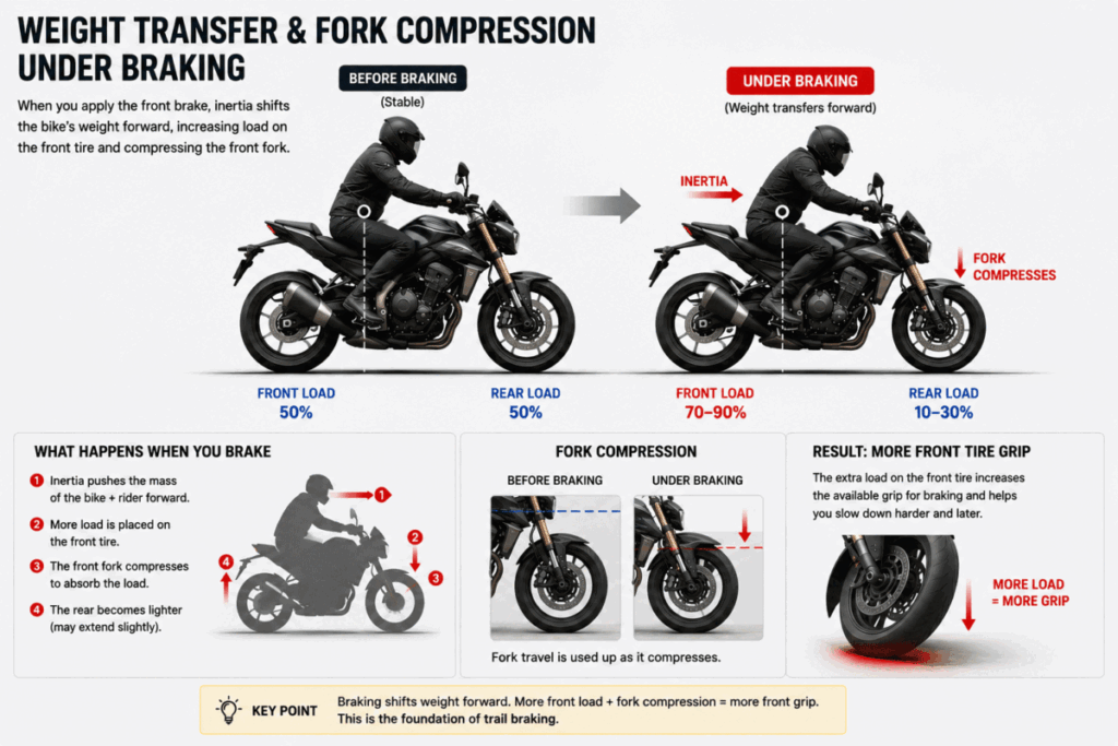motorcycle fork compression and forward weight transfer under braking