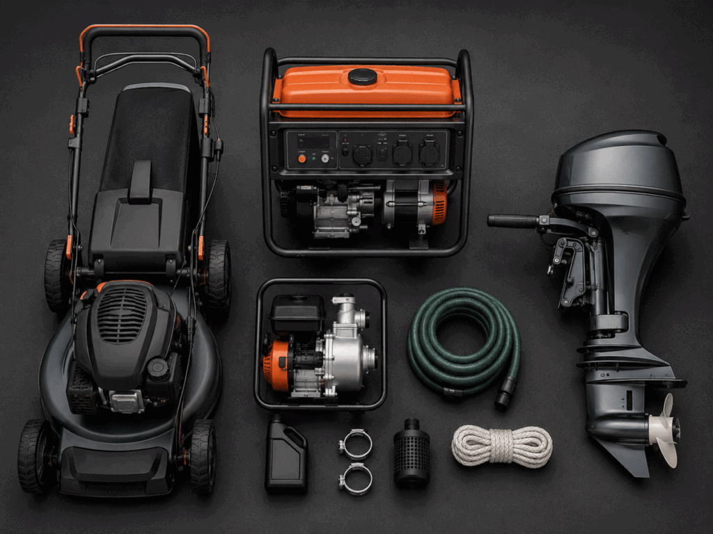 Honda engines powering mowers, generators, pumps, and outboards