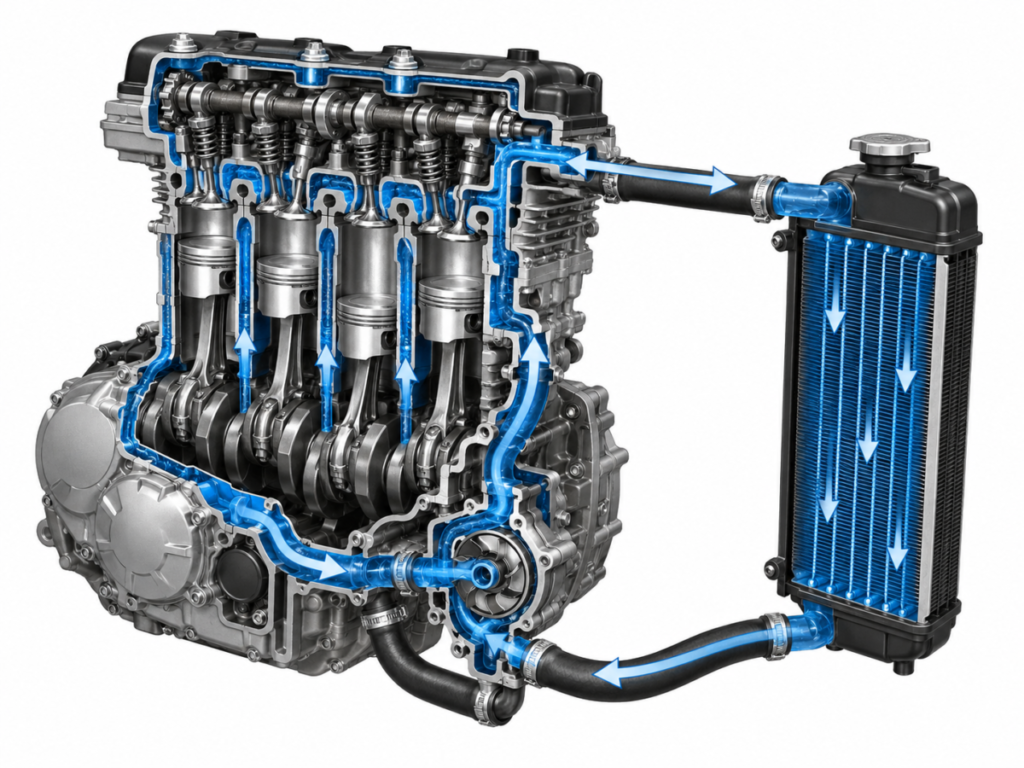 how a liquid-cooled motorcycle engine works diagram