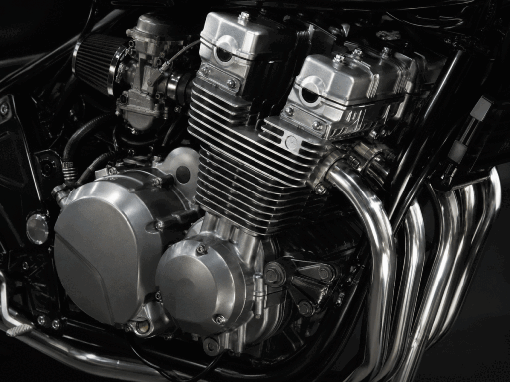 QJ Motor 421cc inline-four engine close-up