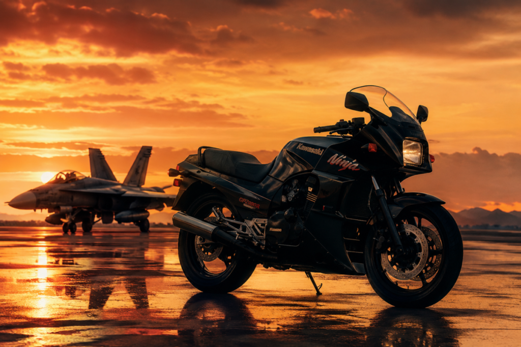 Top Gun inspired retro sport motorcycle beside fighter jet runway at sunset