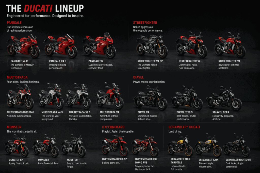 Modern Ducati inspired motorcycles including superbike naked adventure and retro model styles