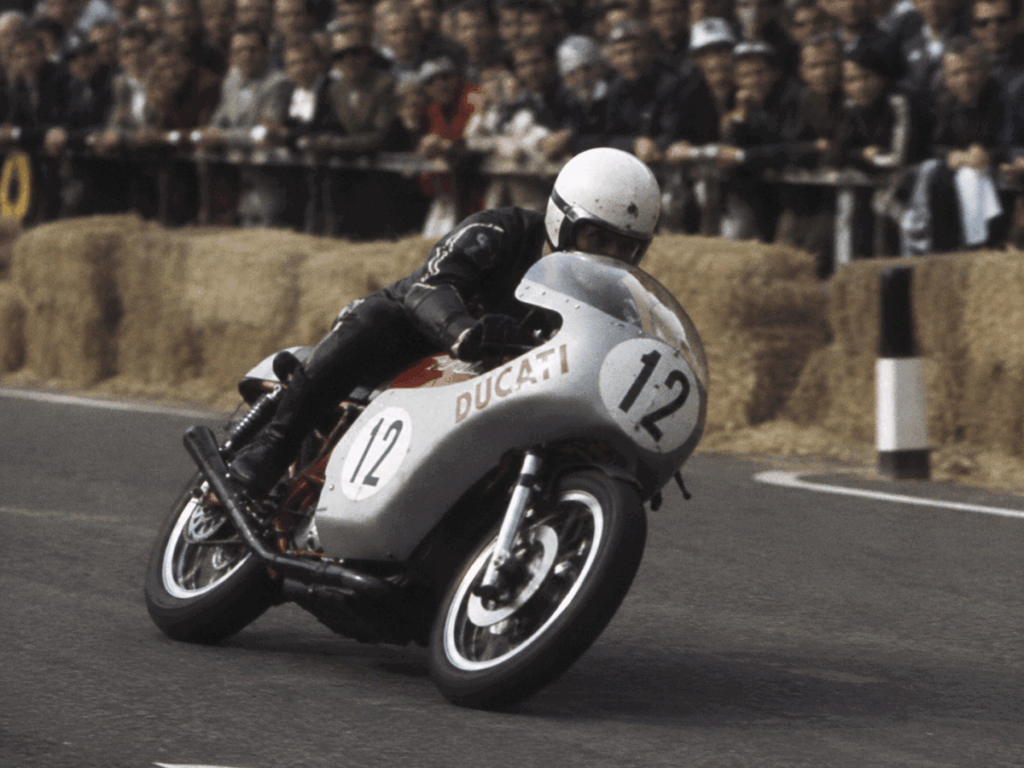 Vintage Ducati inspired racing motorcycle representing 1970s Italian motorsport culture