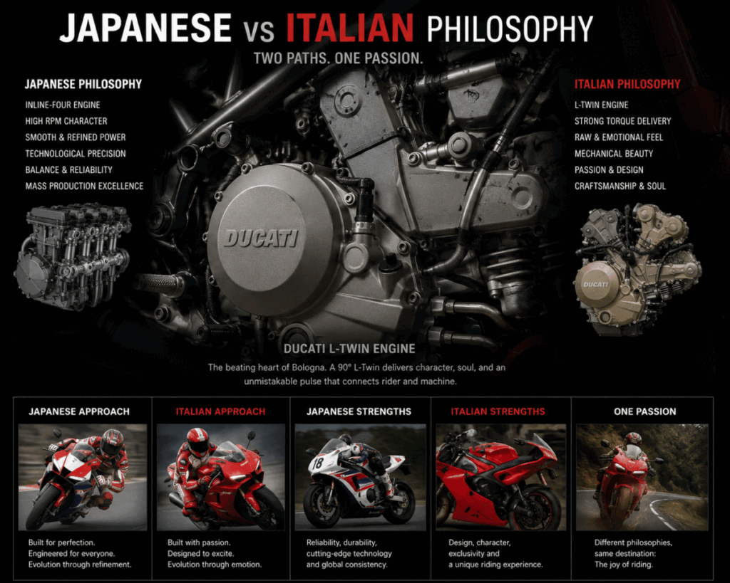 Italian sport motorcycle design details showing Ducati philosophy compared with Japanese motorcycles