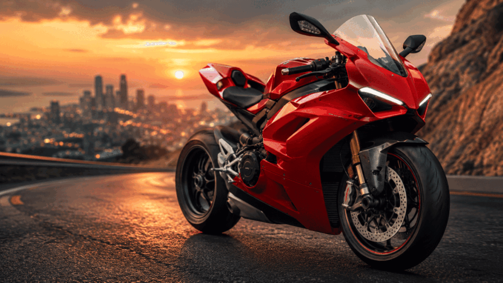 Red Ducati inspired superbike with Italian racing atmosphere and cinematic lighting