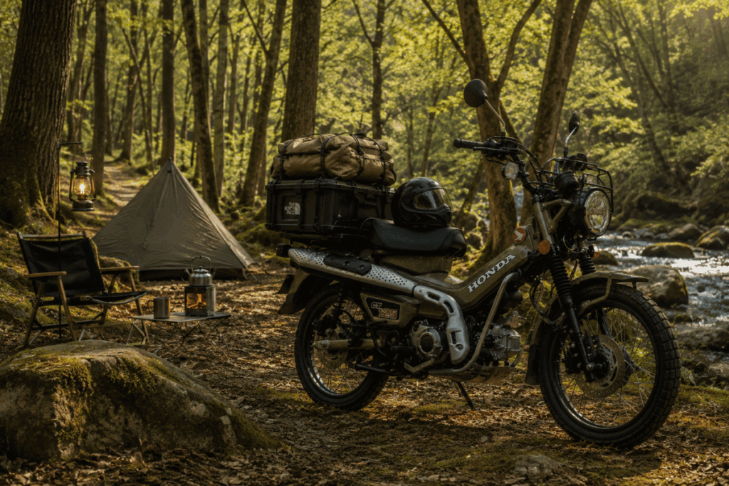 Honda CT125 Hunter Cub camping forest aesthetic