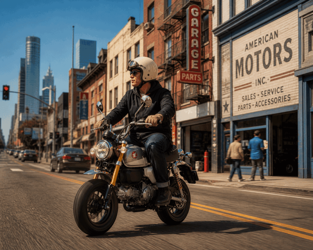 Honda Monkey 125 urban riding city — lightweight commuter bike in traffic