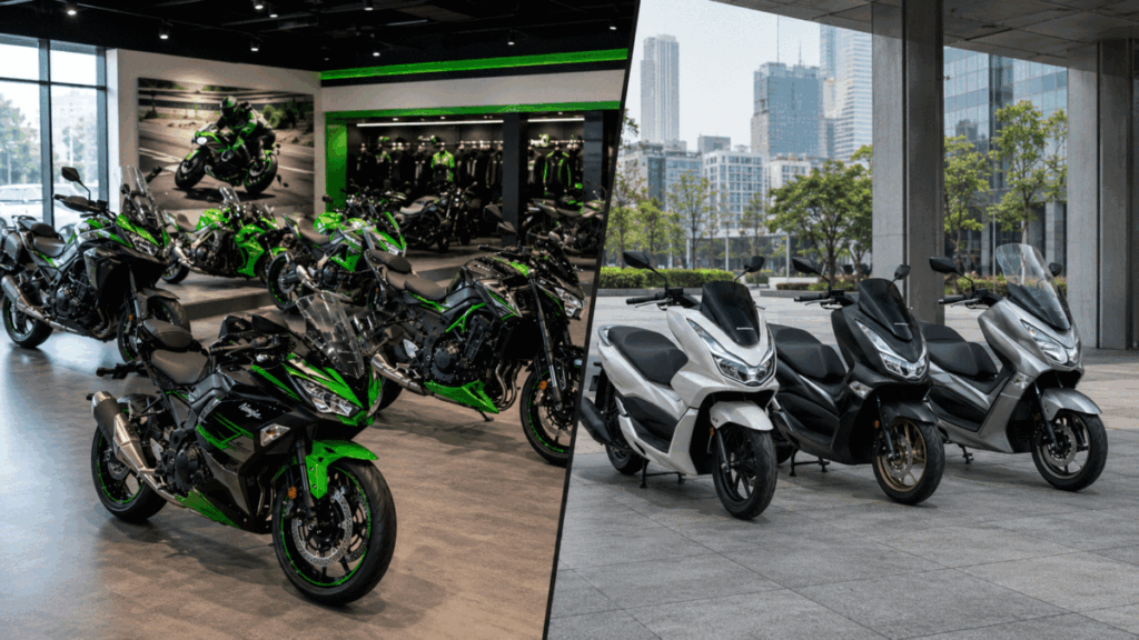 Japanese scooter brands Honda PCX and Yamaha NMAX compared to Kawasaki

