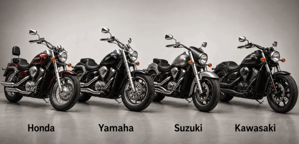  Japanese V-twin cruisers from Honda Yamaha Suzuki Kawasaki — competitors who opposed Harley sound trademark