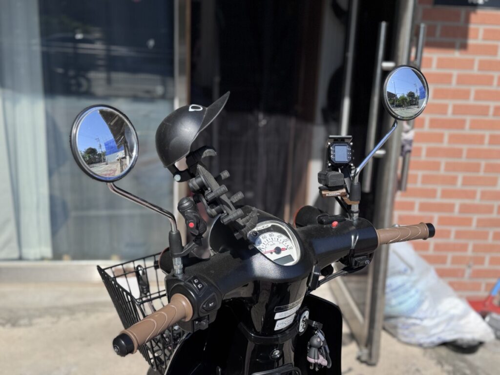 Honda Super Cub blind spot mirror installed on both sides — wide angle view upgrade