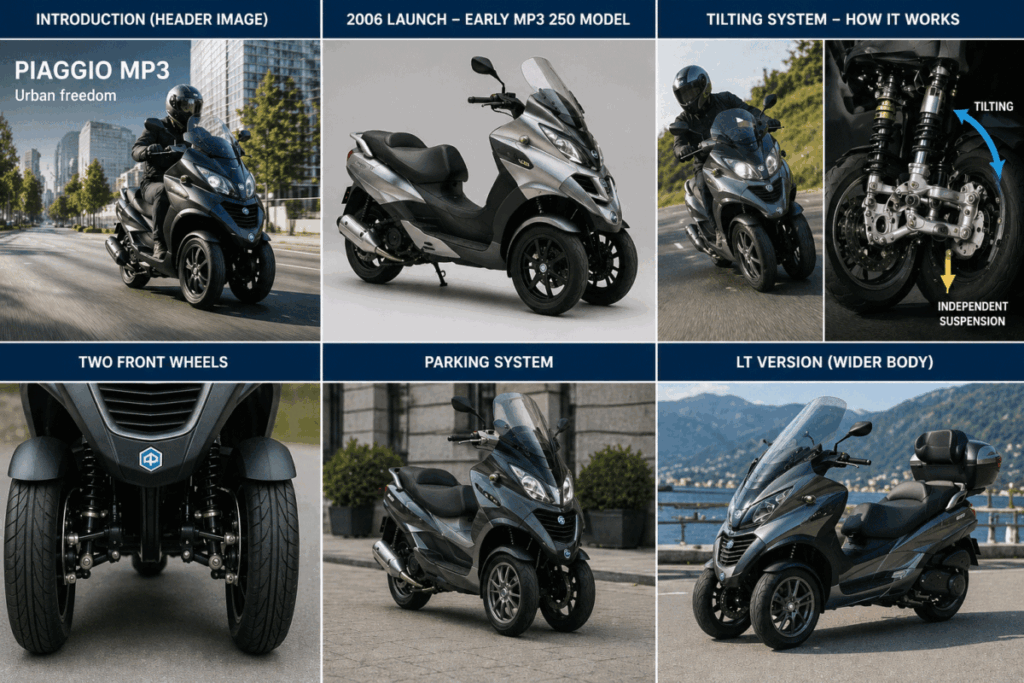 Piaggio MP3 LT version — can be ridden with car license in some countries
