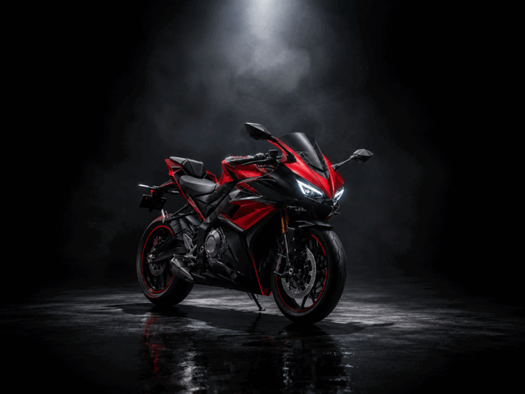 QJ Motor lightweight sportbike under studio spotlight