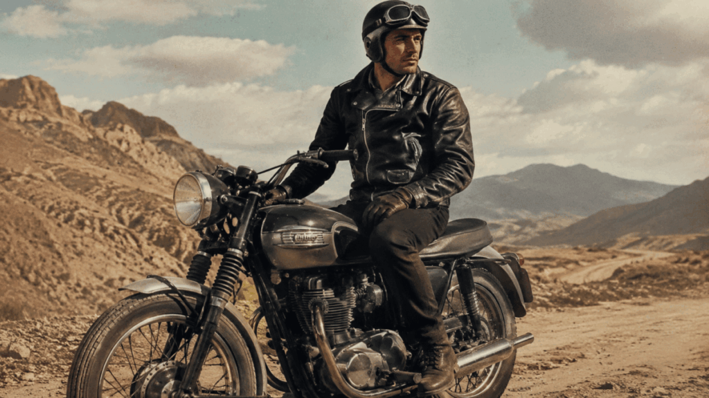 1960s style motorcycle rider with a classic British bike