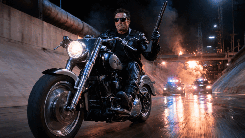Terminator 2 chase scene — shotgun and Harley Davidson Fat Boy