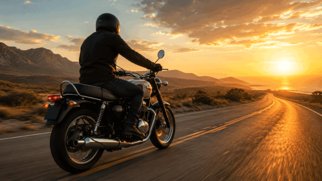 Triumph Bonneville rider on an open road at sunset