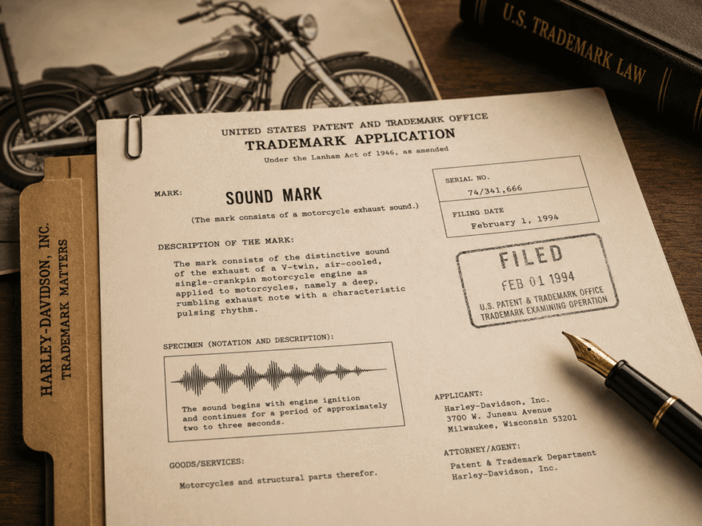  USPTO sound trademark application document — Harley-Davidson 1994 filing for V-twin common crankpin exhaust sound

