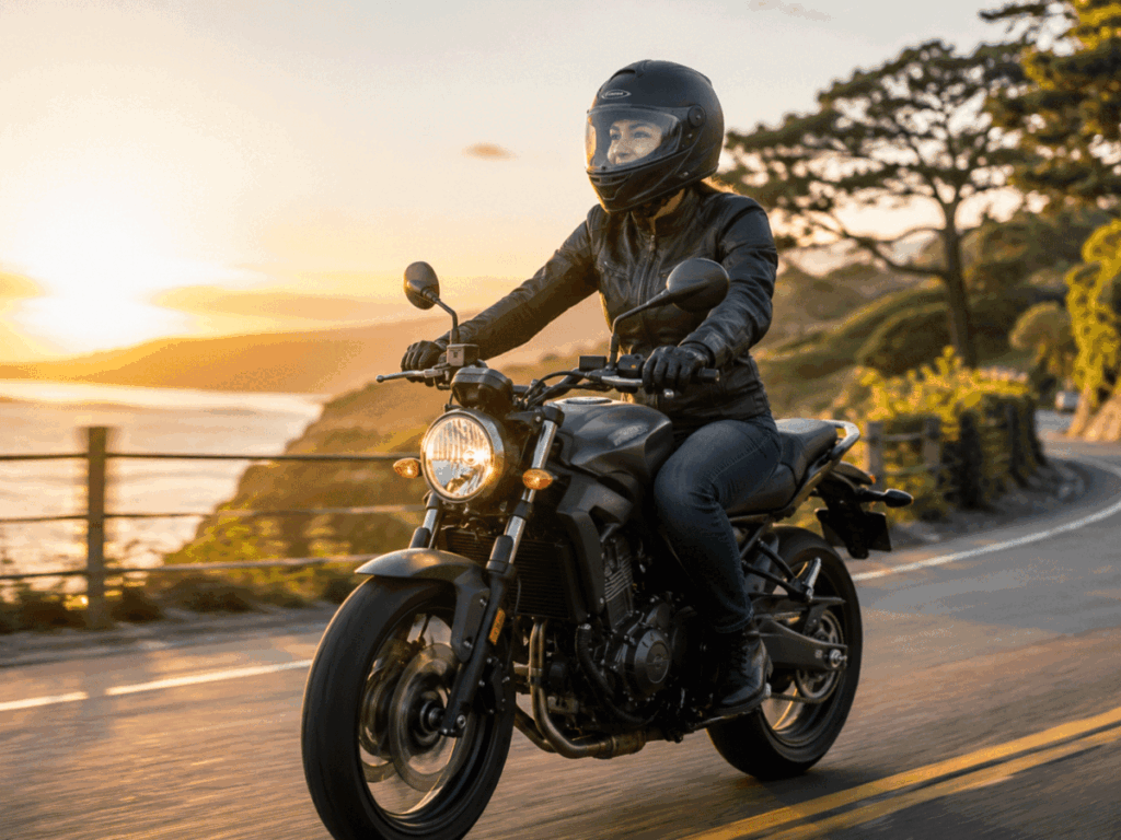 Happy beginner rider enjoying first motorcycle
