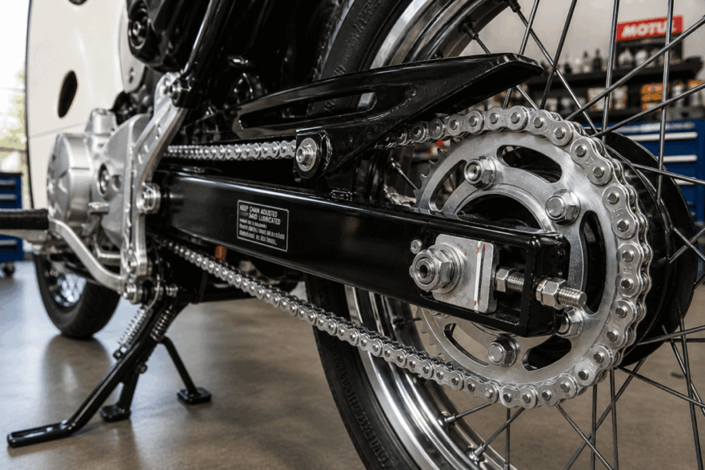 Perfectly lubricated and clean motorcycle chain close-up in workshop
