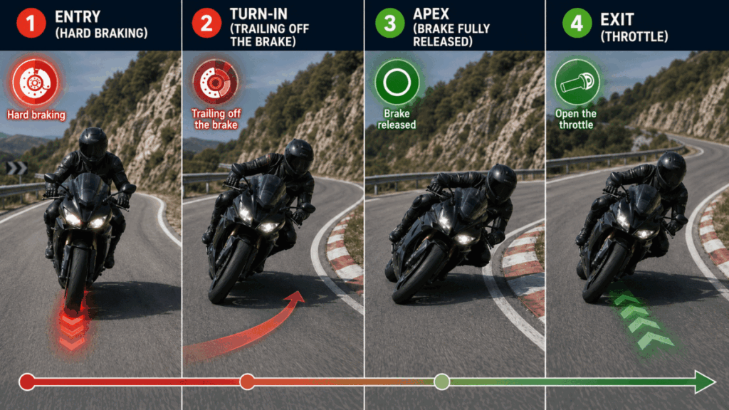 motorcycle front tire washout from too much trail braking — lowside risk