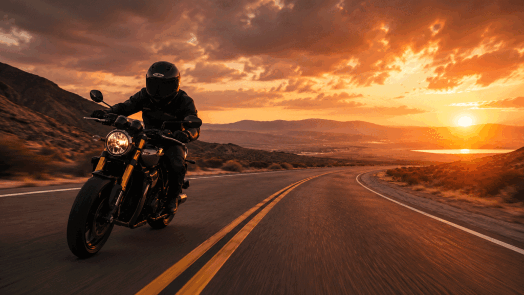 Motorcycle rider on open road — back on the road after successful diagnosis and repair

