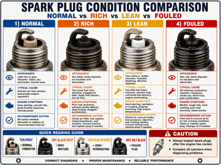 Spark plug condition comparison — normal vs rich vs lean vs oil fouled motorcycle Spark plug condition comparison — normal vs rich vs lean vs oil fouled motorcycle