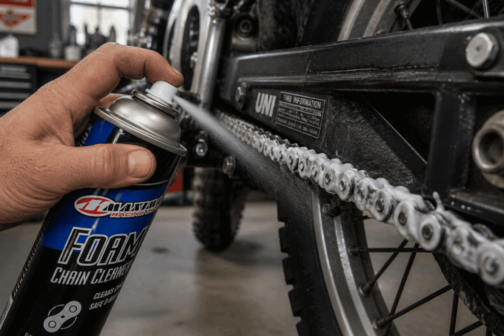 Foam chain lubricant being sprayed onto motorcycle chain links
