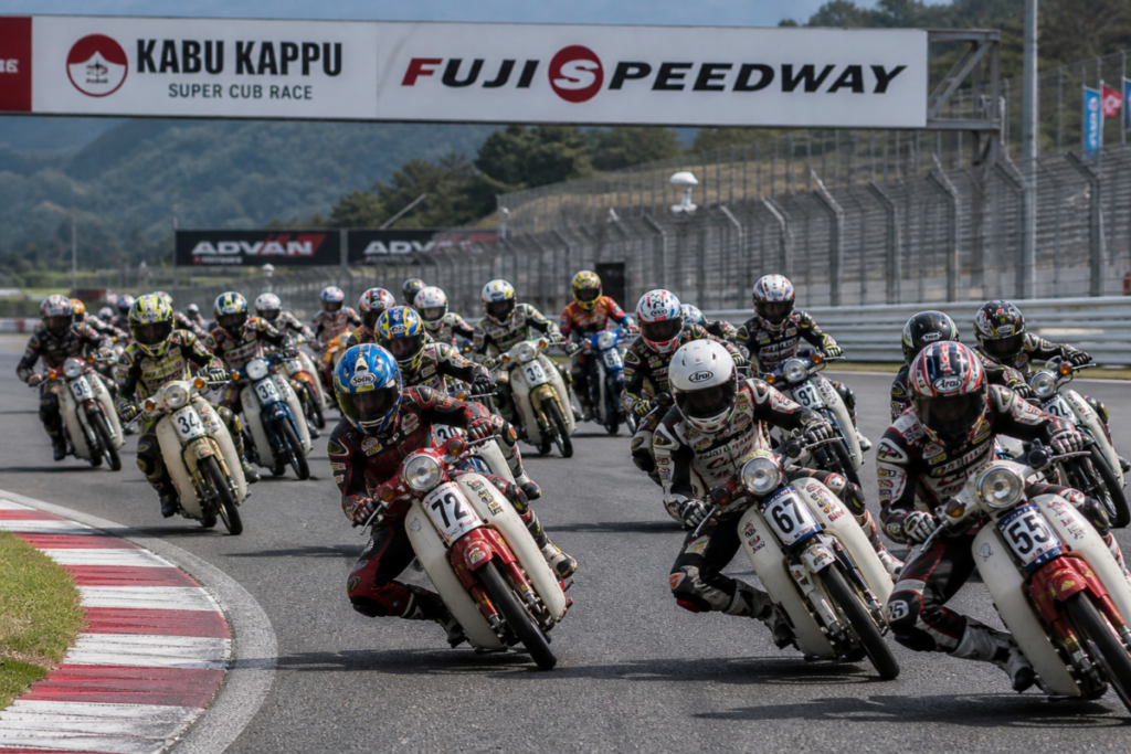 Honda Super Cubs racing at Fuji Speedway Japan riders in leathers dragging knees