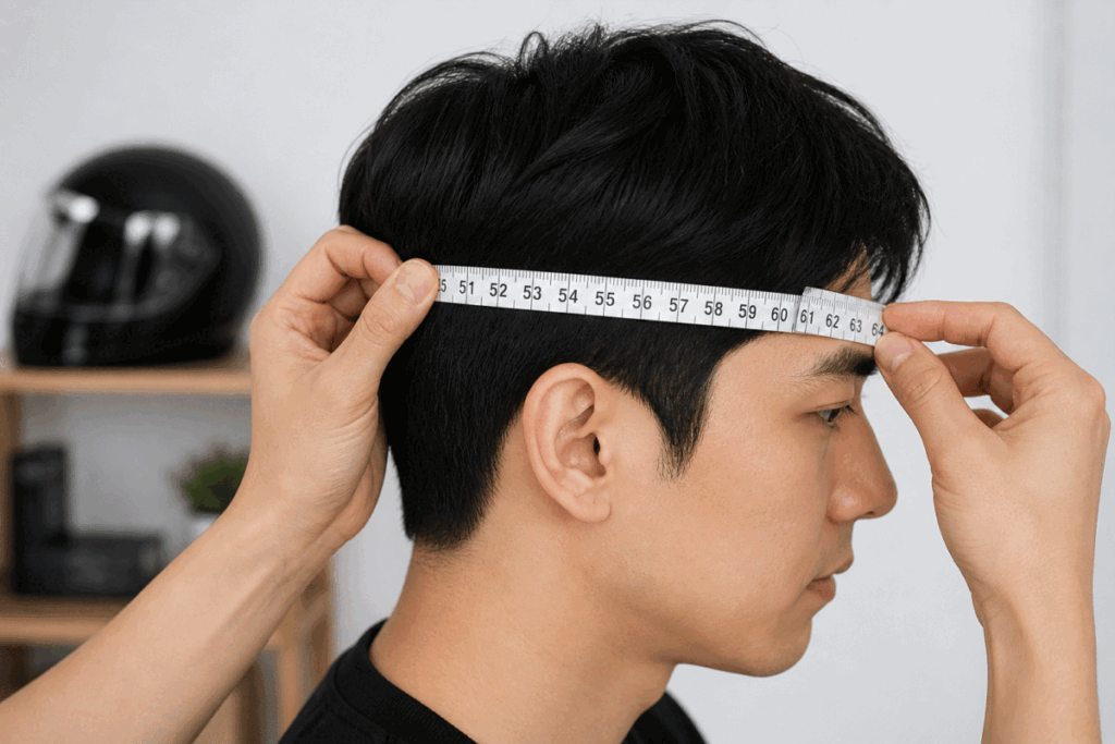 How to measure head circumference for motorcycle helmet sizing — tape measure front view