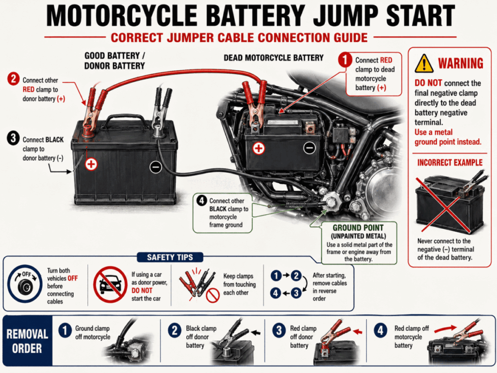 Motorcycle battery dead — jump start cables connected to terminals
